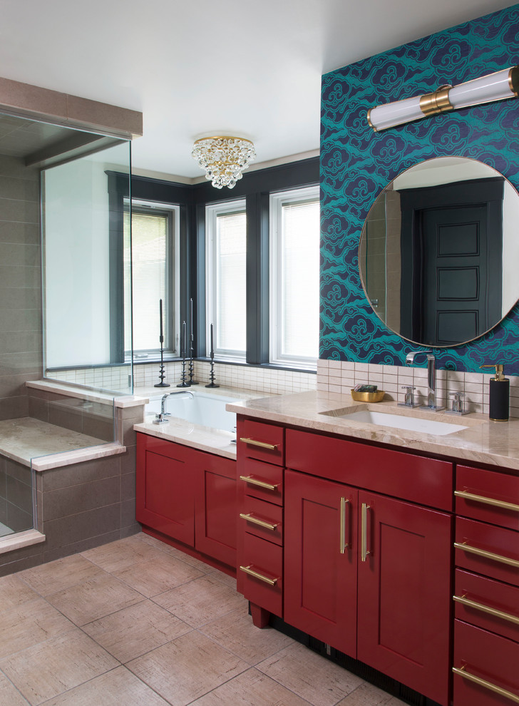 Large transitional master wet room bathroom in Denver with flat-panel cabinets, red cabinets, an undermount tub, beige tile, white walls, porcelain floors, an undermount sink, solid surface benchtops, beige floor, a hinged shower door and beige benchtops.