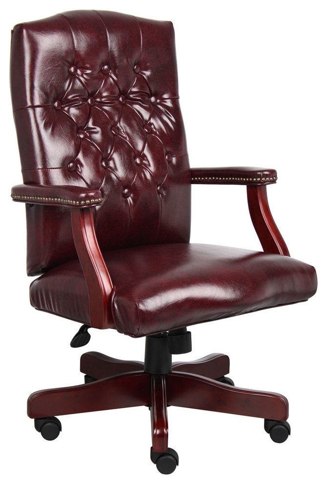 Classic Executive Oxblood Vinyl Chair With Mahogany Finish