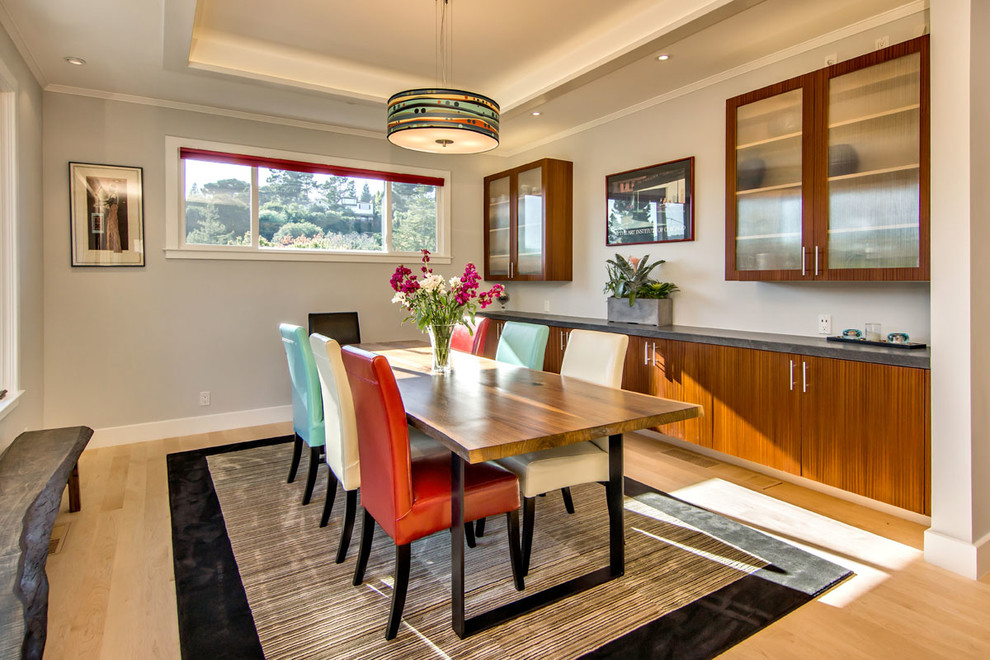 Design ideas for a contemporary dining room in San Francisco with grey walls and light hardwood floors.