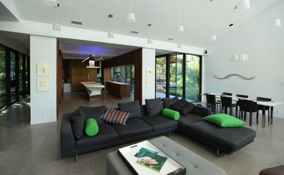This is an example of a contemporary living room in Austin with concrete floors and white walls.