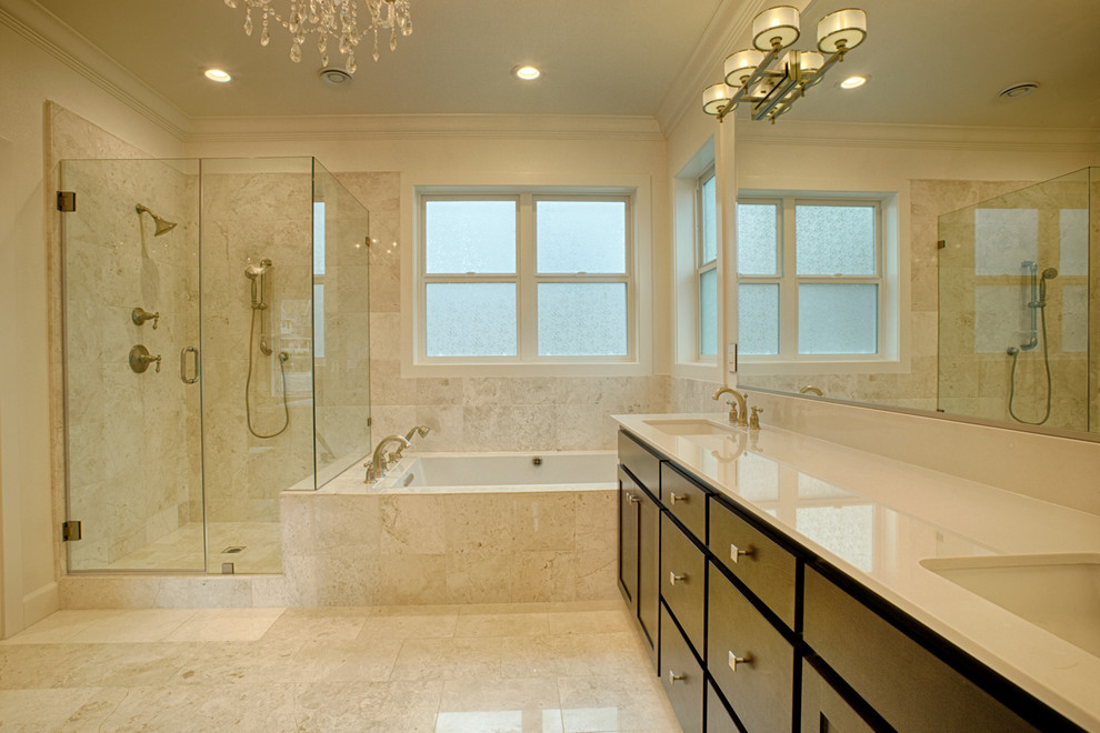 Design ideas for a modern master bathroom in San Francisco with dark wood cabinets, white tile and white walls.