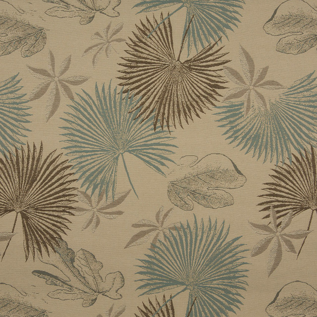 Tan Brown And Teal Floral Leaves Indoor Outdoor Upholstery Fabric