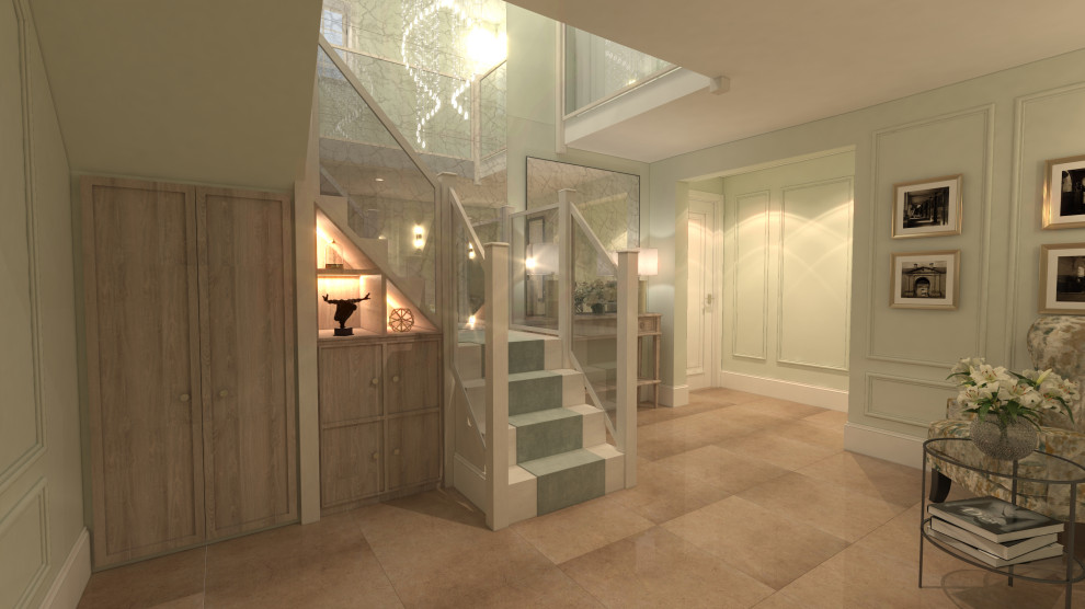 Design ideas for a large contemporary hallway in Other with green walls and panelled walls.