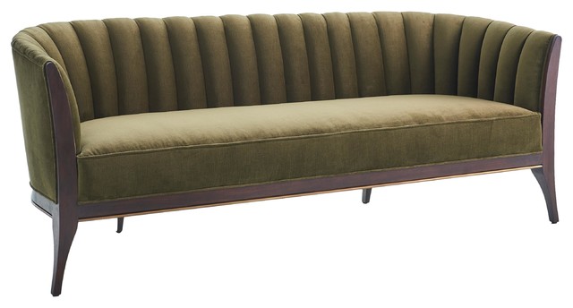 Luxe Moss Green Velvet Channel Back Sofa, Vintage Style Dark Wood Brass  Elegant - Transitional - Sofas - by My Swanky Home | Houzz