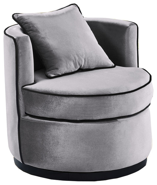 Dwellist Belarus Swivel Chair, Gray Velvet and Black Velvet Piping ...