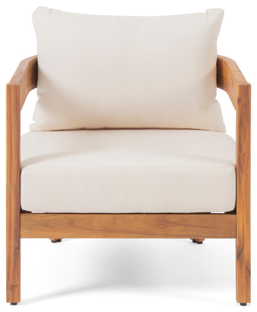 Burrough Outdoor Acacia Wood Club Chair With Cushions, Teak and Beige