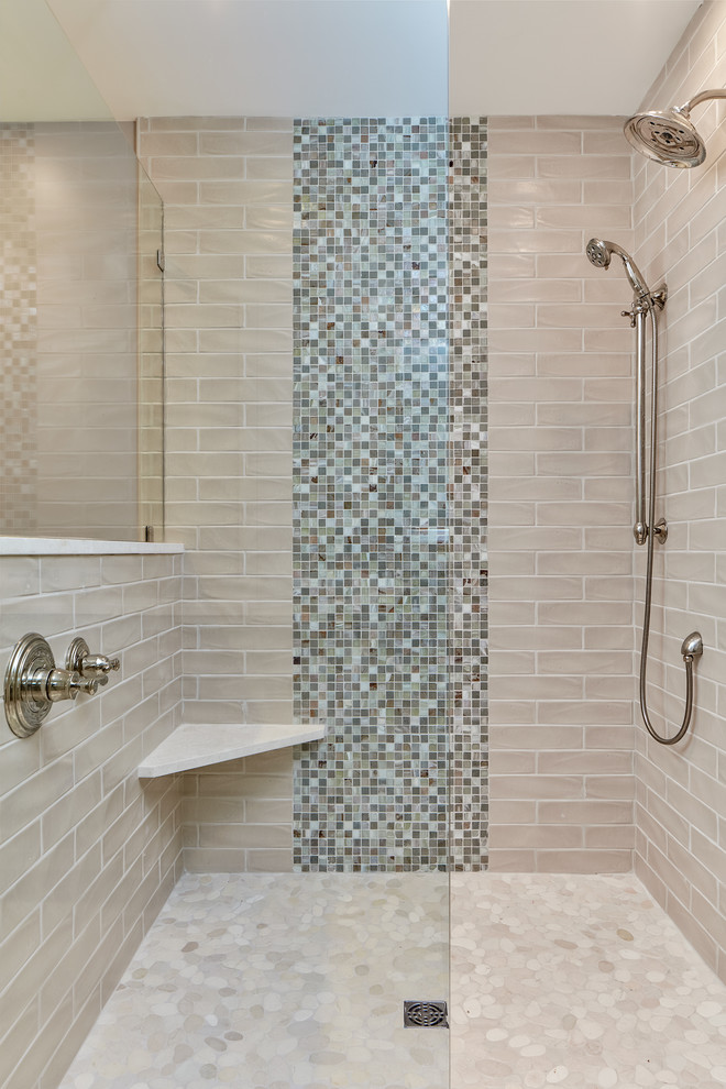 Inspiration for a large transitional master bathroom in Charleston with louvered cabinets, grey cabinets, a one-piece toilet, grey walls, mosaic tile floors, an undermount sink, engineered quartz benchtops, beige floor, a hinged shower door, an open shower, beige tile and porcelain tile.