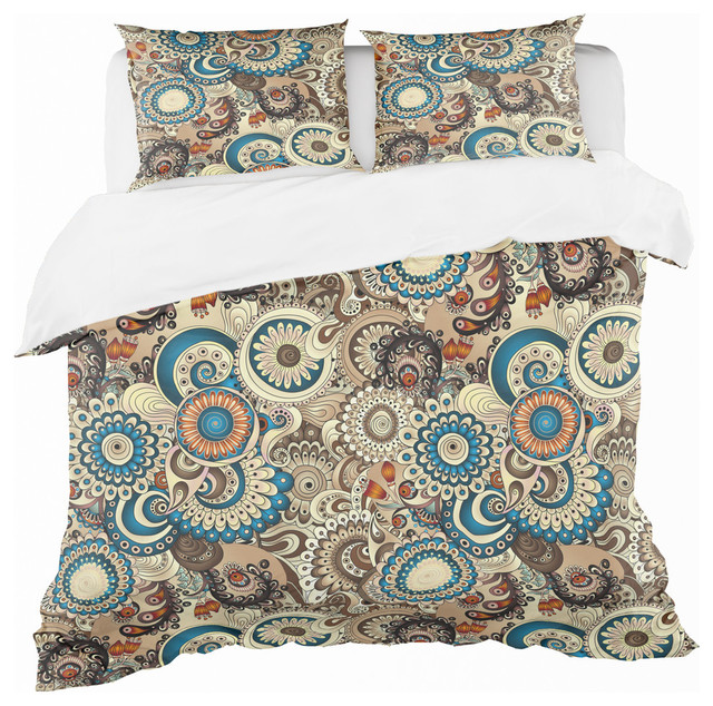 Floral With Doodles Cucumbers Bohemian Eclectic Bedding, Queen