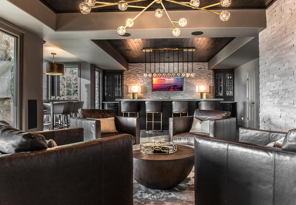 Design ideas for a large contemporary look-out basement in Chicago with grey walls, dark hardwood floors, no fireplace, grey floor and a home bar.
