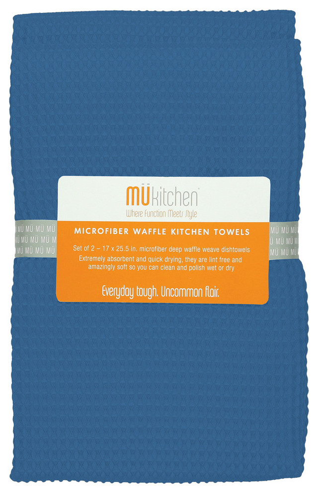 Kitchen Microfiber Waffle Dish Towels, Palace Blue, Set of 2