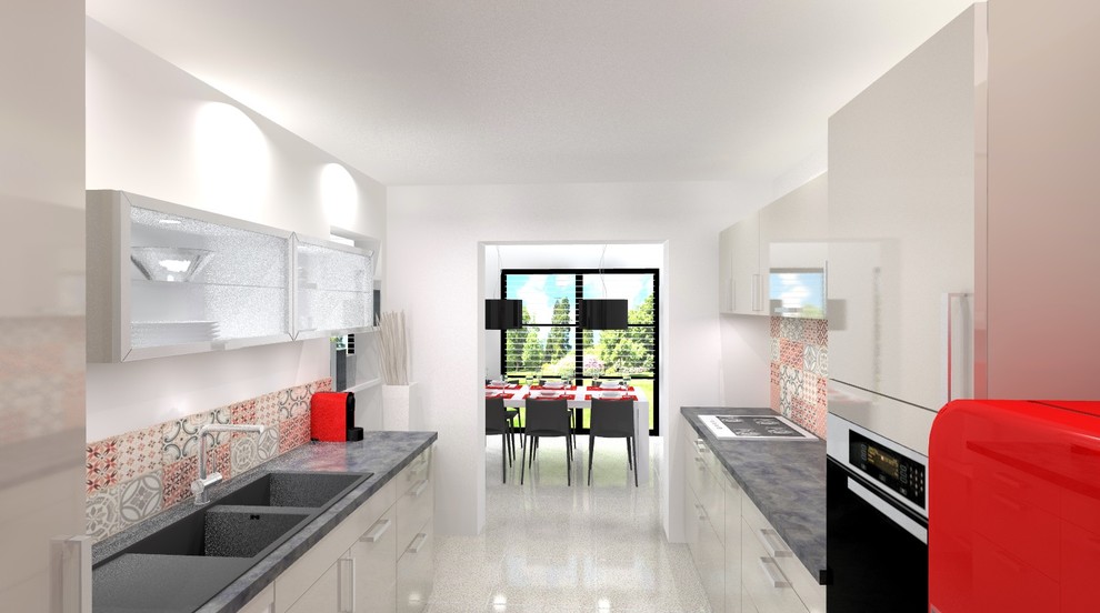 This is an example of a mid-sized contemporary galley eat-in kitchen in Lille with a double-bowl sink, laminate benchtops, red splashback, cement tile splashback, stainless steel appliances, ceramic floors and no island.