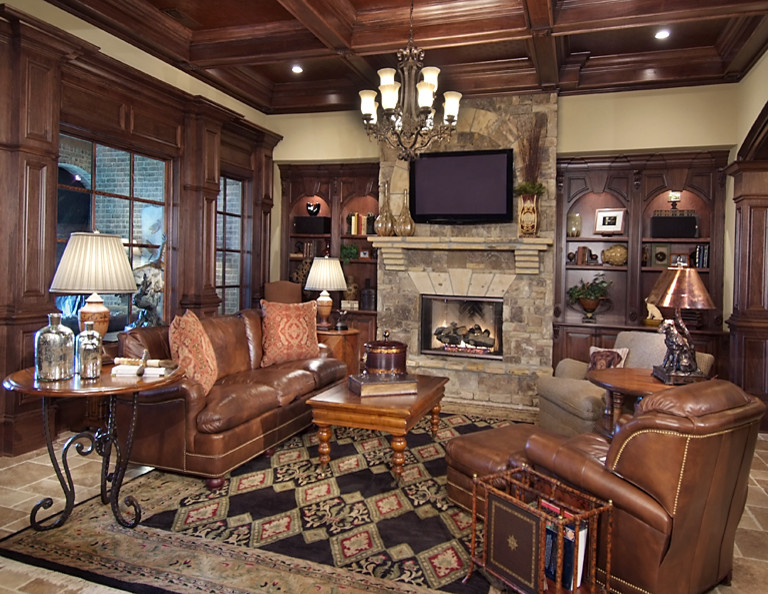 This is an example of a large traditional formal open concept living room in Atlanta with beige walls, a standard fireplace, a stone fireplace surround, a wall-mounted tv, travertine floors and brown floor.