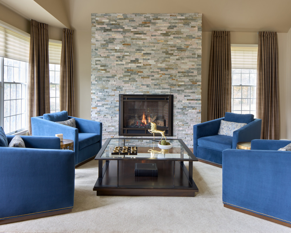 Medium sized contemporary living room in New York with a stacked stone fireplace surround.