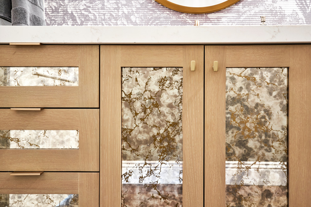 Transitional single-sink bathroom photo in Phoenix with shaker cabinets, medium tone wood cabinets and a built-in vanity