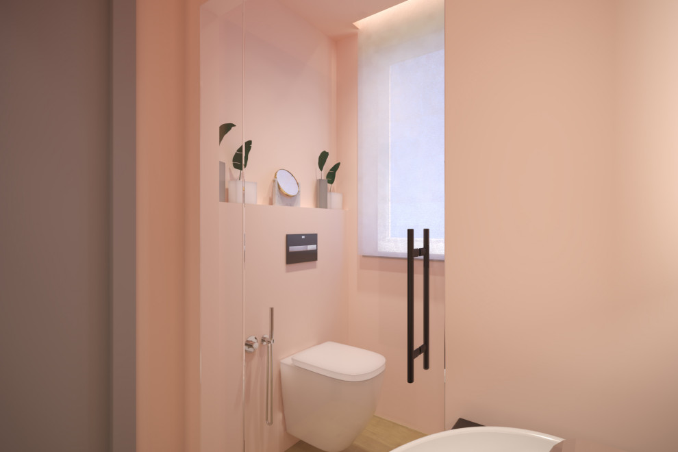 Идея дизайна: маленькая главная ванная комната в стиле модернизм с фасадами с декоративным кантом, серыми фасадами, душем без бортиков, раздельным унитазом, розовой плиткой, розовыми стенами, паркетным полом среднего тона, настольной раковиной, столешницей из дерева, коричневым полом, душем с распашными дверями, серой столешницей, тумбой под одну раковину, подвесной тумбой и многоуровневым потолком для на участке и в саду