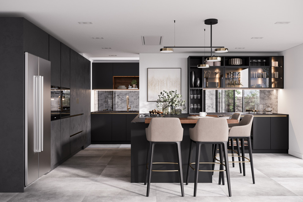 Inspiration for a mid-sized modern u-shaped open plan kitchen in Buckinghamshire with a drop-in sink, flat-panel cabinets, black cabinets, solid surface benchtops, metallic splashback, mirror splashback, black appliances, with island, grey floor and black benchtop.