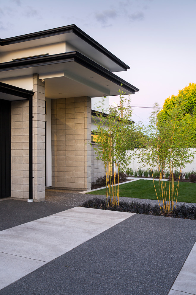 This is an example of a mid-sized contemporary front yard partial sun driveway for summer in Christchurch with a garden path.