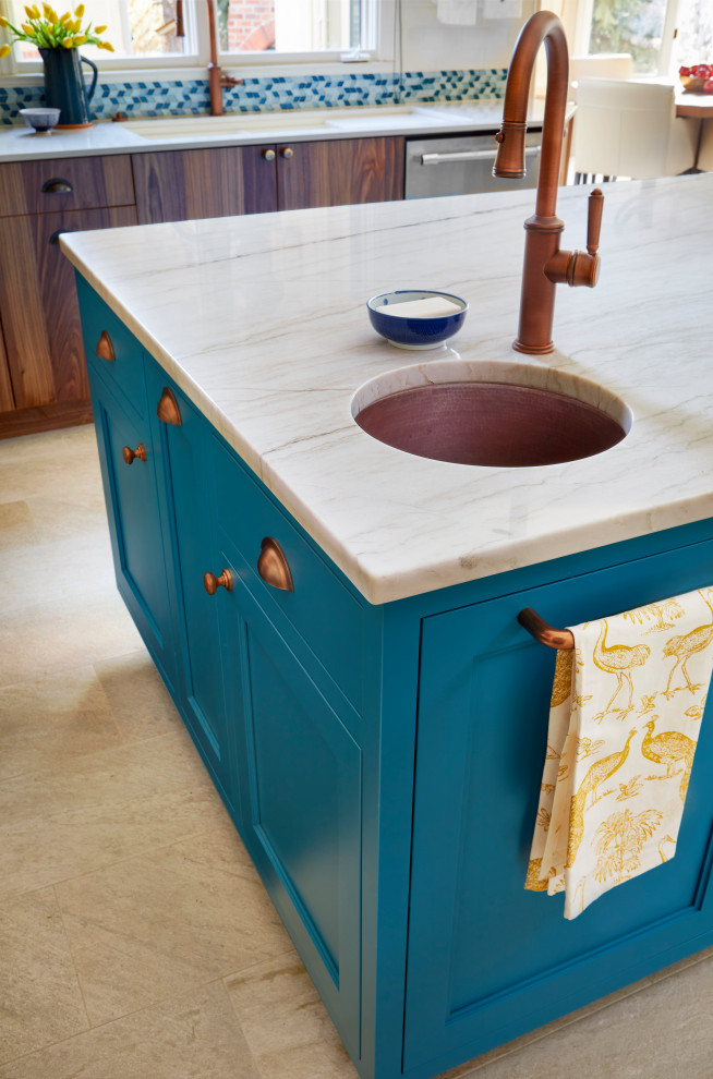 Inspiration for a mid-sized transitional u-shaped porcelain tile and white floor eat-in kitchen remodel in Denver with a double-bowl sink, flat-panel cabinets, medium tone wood cabinets, quartzite countertops, multicolored backsplash, ceramic backsplash, stainless steel appliances, an island and white countertops