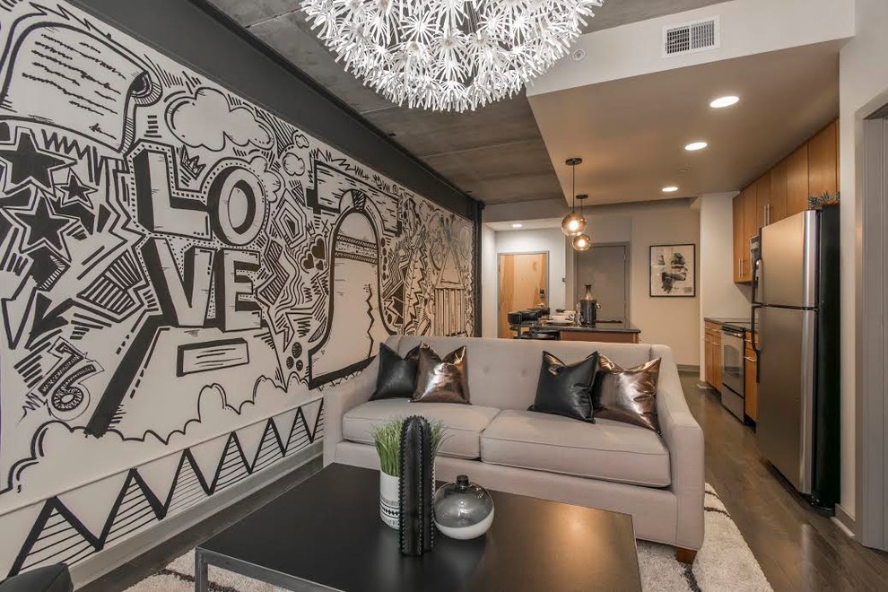 Living room - small modern formal and enclosed medium tone wood floor and gray floor living room idea in Philadelphia with gray walls, no fireplace and a tv stand