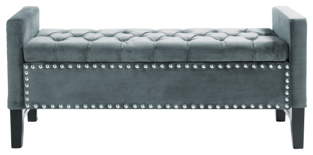 Grace Velvet Button Tufted With Silver Nailhead Trim Storage Bench Transitional Accent And Storage Benches By Inspired Home
