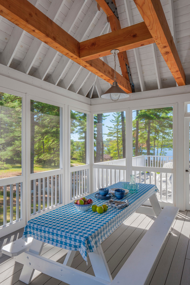 Inspiration for a country screened-in verandah in Portland Maine with decking and a roof extension.