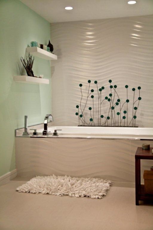 Inspiration for a mid-sized modern master bathroom in Miami with open cabinets, dark wood cabinets, an alcove shower, a one-piece toilet, green walls, ceramic floors, an integrated sink and a drop-in tub.