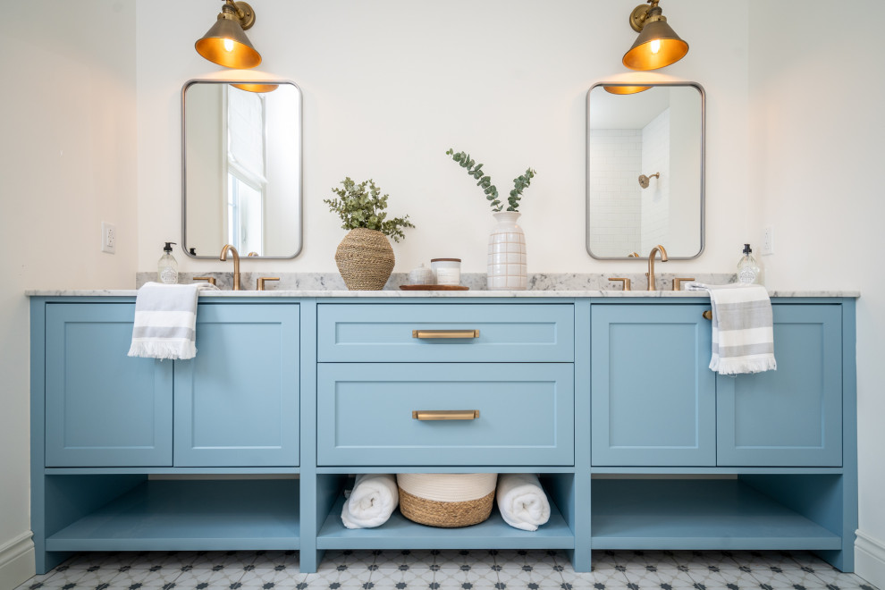 This is an example of a medium sized classic ensuite bathroom in Other with shaker cabinets, turquoise cabinets, white tiles, all types of wall tile, white walls, ceramic flooring, a submerged sink, engineered stone worktops, yellow floors, white worktops, double sinks and a built in vanity unit.