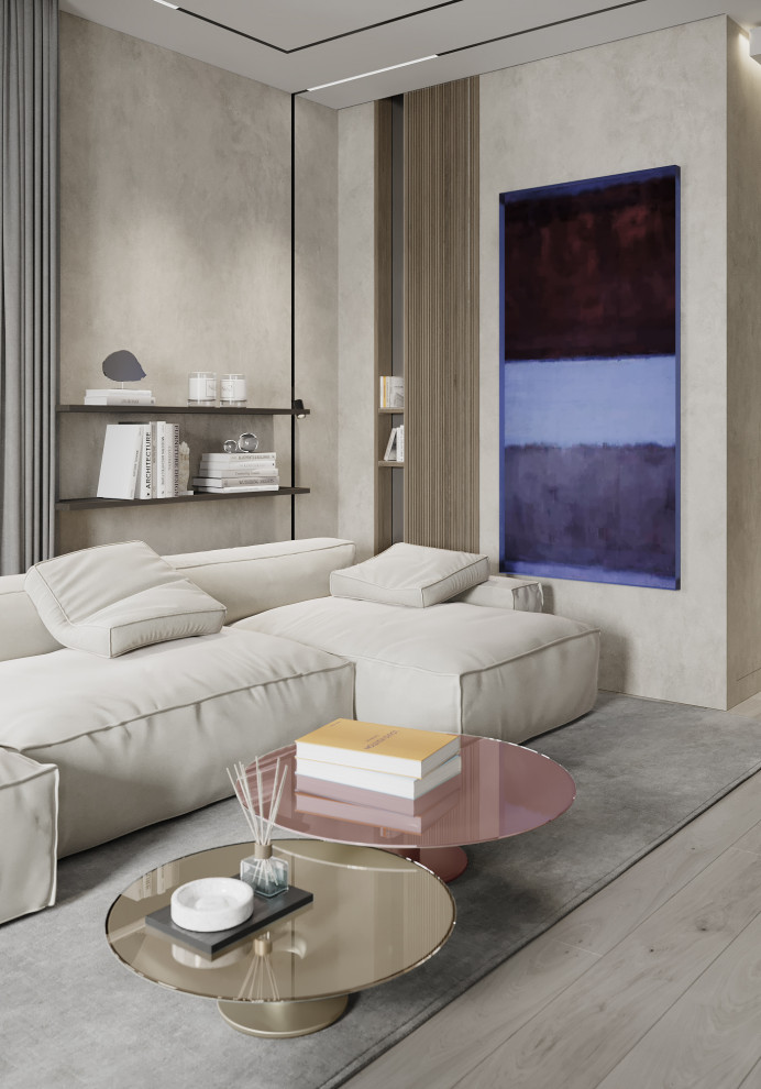Foto di un soggiorno design di medie dimensioni con pareti grigie, pavimento in laminato e pavimento grigio
