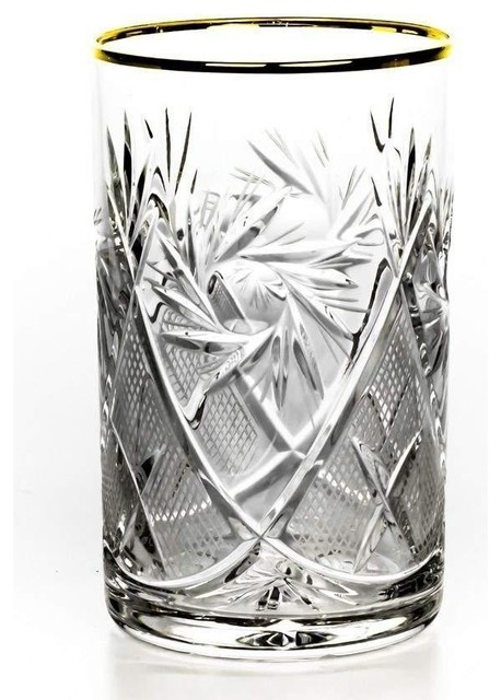 GOLD Set of 6 Russian Vintage Crystal Tea Glass & Handmade Holder Podstakannik 