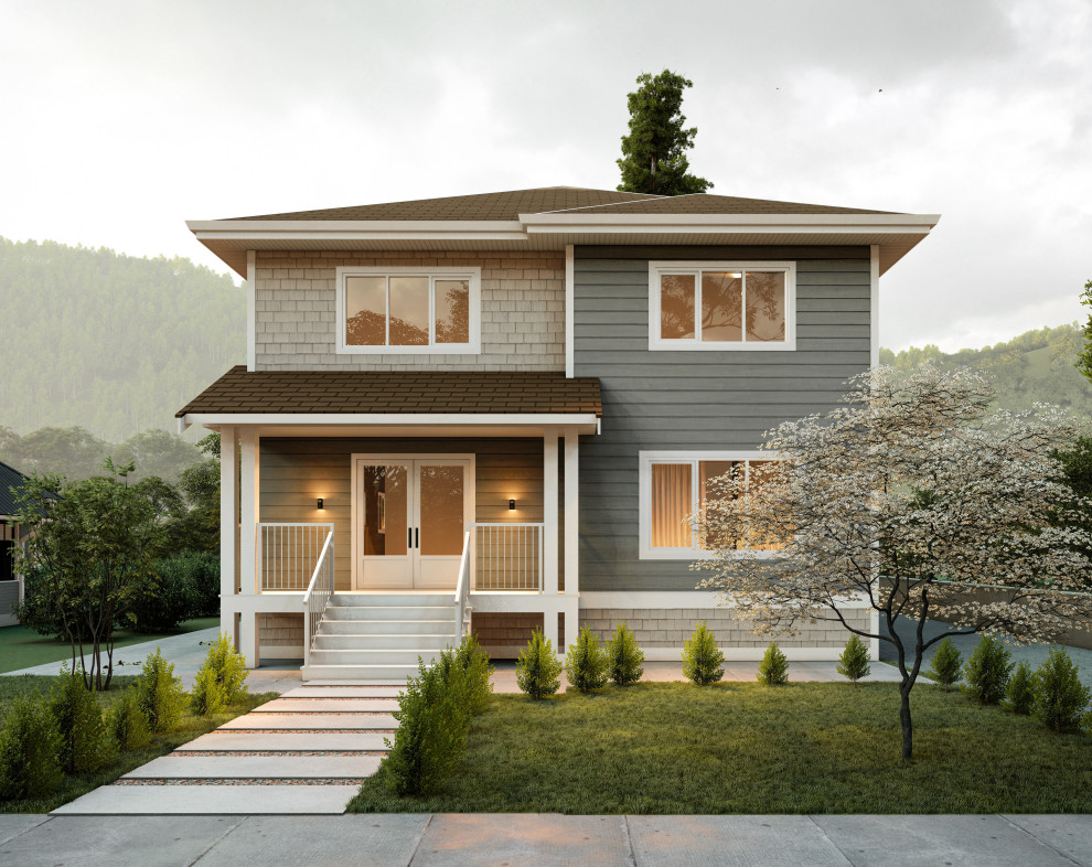 Mittelgroßes, Dreistöckiges Uriges Einfamilienhaus mit Mix-Fassade, bunter Fassadenfarbe, Walmdach, Schindeldach, braunem Dach und Verschalung in Vancouver