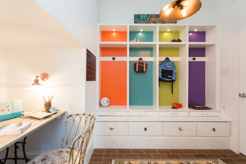 Design ideas for a mid-sized contemporary gender-neutral kids' study room for kids 4-10 years old in Richmond with white walls and brick floors.