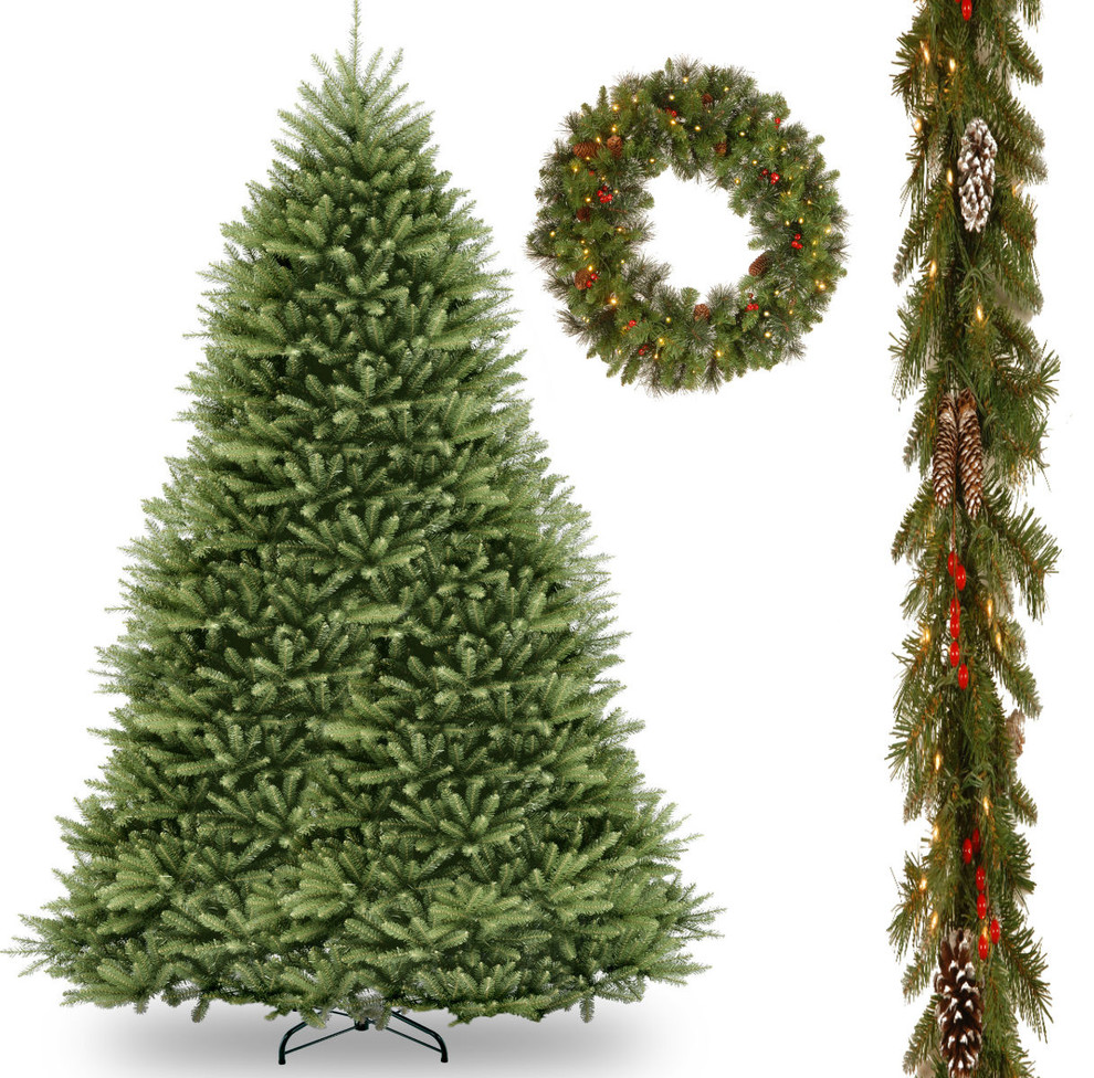 12' Dunhill Fir Hinged Tree, Frosted Berry Garland, 30" Crestwood