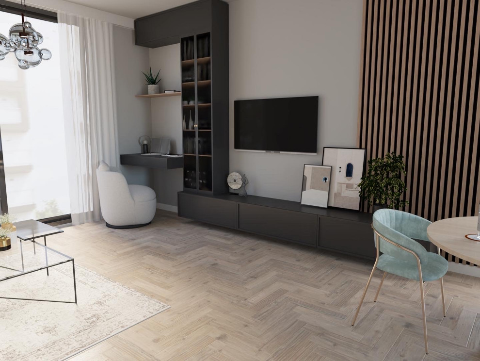 Réalisation d'un salon minimaliste de taille moyenne et ouvert avec un mur gris, parquet clair, un téléviseur, un sol beige et différents habillages de murs.