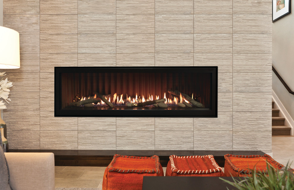 Linear Fireplace with Stone and Log White Mountain Hearth St Louis