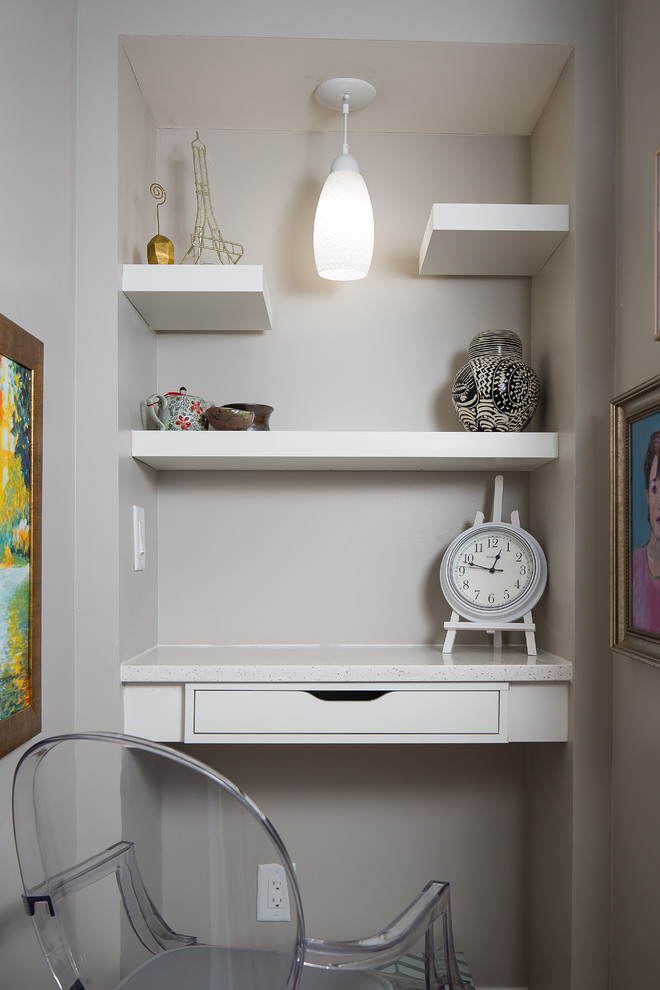 Design ideas for a small contemporary study room in Atlanta with grey walls and a built-in desk.
