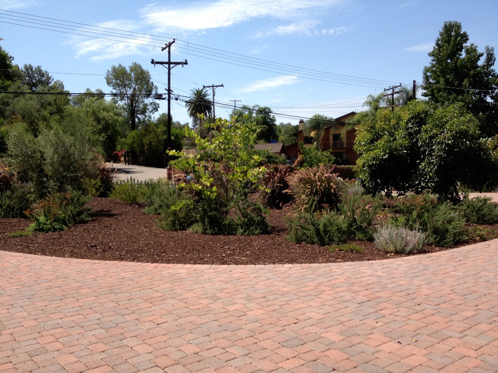 Photo of a mid-sized traditional front yard full sun driveway in San Diego with brick pavers.