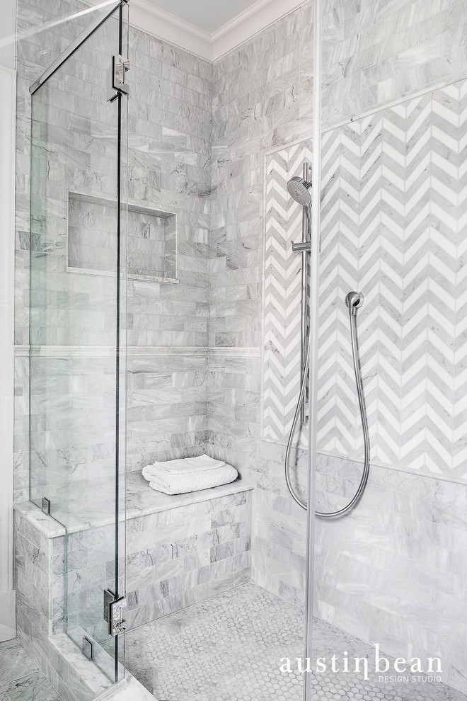 Inspiration for a transitional master gray tile and stone tile marble floor alcove shower remodel with beaded inset cabinets, white cabinets, marble countertops and gray walls