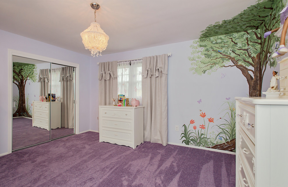 Inspiration for a large traditional kids' bedroom for kids 4-10 years old and girls in New York with purple walls, carpet and purple floor.