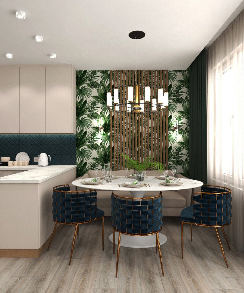 Дизайн кухни-гостиной с тропическими обоями