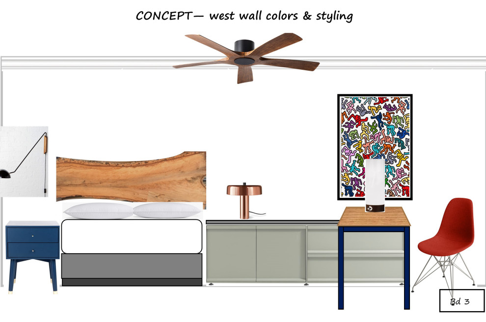 Idées déco pour une chambre contemporaine de taille moyenne avec un mur blanc, un sol en bois brun et un sol marron.