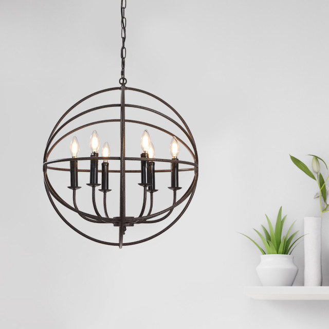 Large Metal Orb Hanging Chandelier, 6Light Transitional