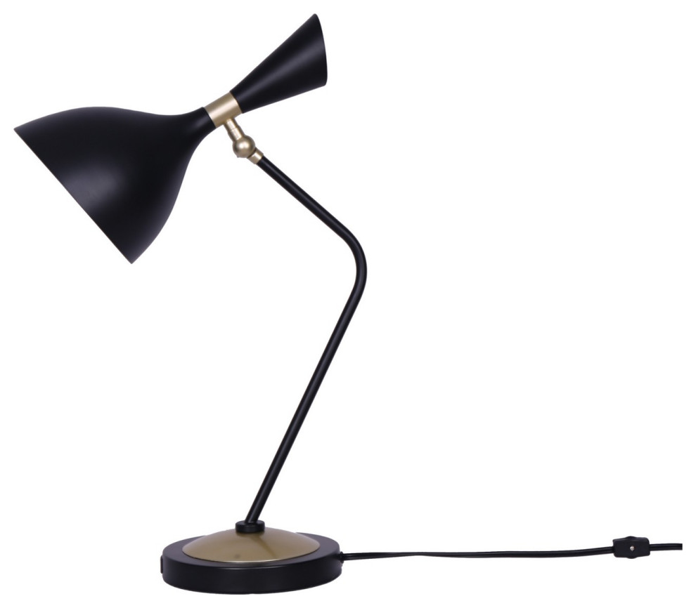 17 Inches Metal Frame Desk Lamp with Round Shade, Black Midcentury