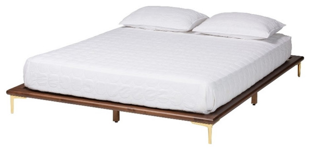 Baxton Studio Channary Wood & Metal Queen Size Bed Frame in Walnut Brown/Gold