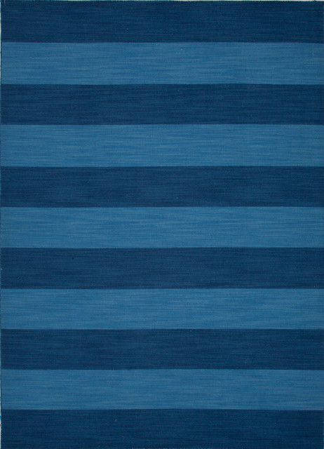 Flat Weave Stripe Pattern Blue Wool Handmade Rug - PV36, 8x10