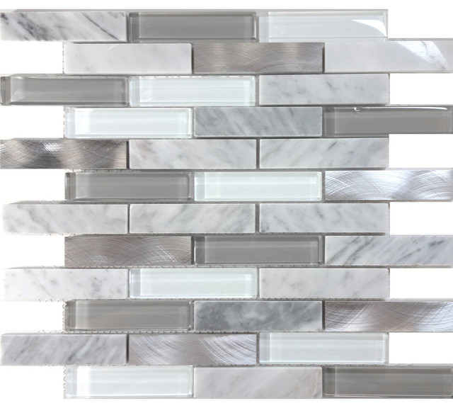 White Carrara Stone Metal Gray Mosaic, Gray Mosaic Tile