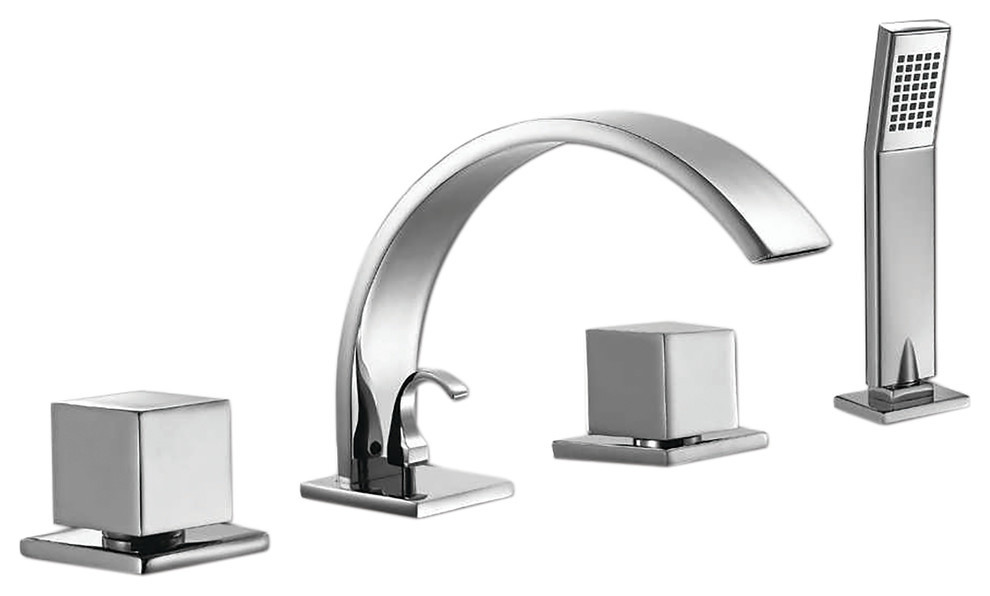 Arched Spout Chrome Single Handle Roman Tub Faucet with Hand Shower