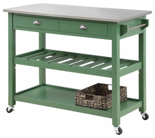 Contemporary Kitchen Cart, Slatted Shelf & 2 Drawers With Silver Pulls, Green Contemporary