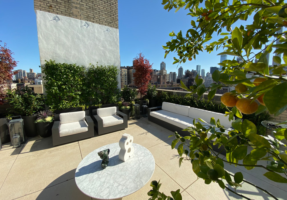 Design ideas for an expansive modern rooftop full sun formal garden in New York with a container garden, natural stone pavers and a metal fence.
