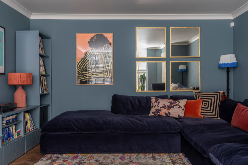 Blue Living Room with Large Velvet Blue Sofa