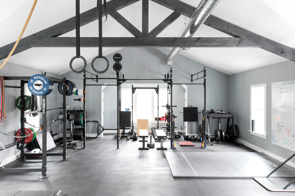 Photo of a beach style home gym in New York.